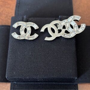 CHANEL DOUBLE & SINGLE CRYSTAL CC LOGO EARRINGS